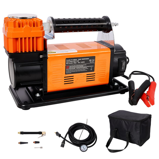 Heavy-Duty 12V Air Compressor, Tire Inflator with Pressure Gauge, Black+Orange Metal, Compact Size SolidRoot Buy Furniture USA