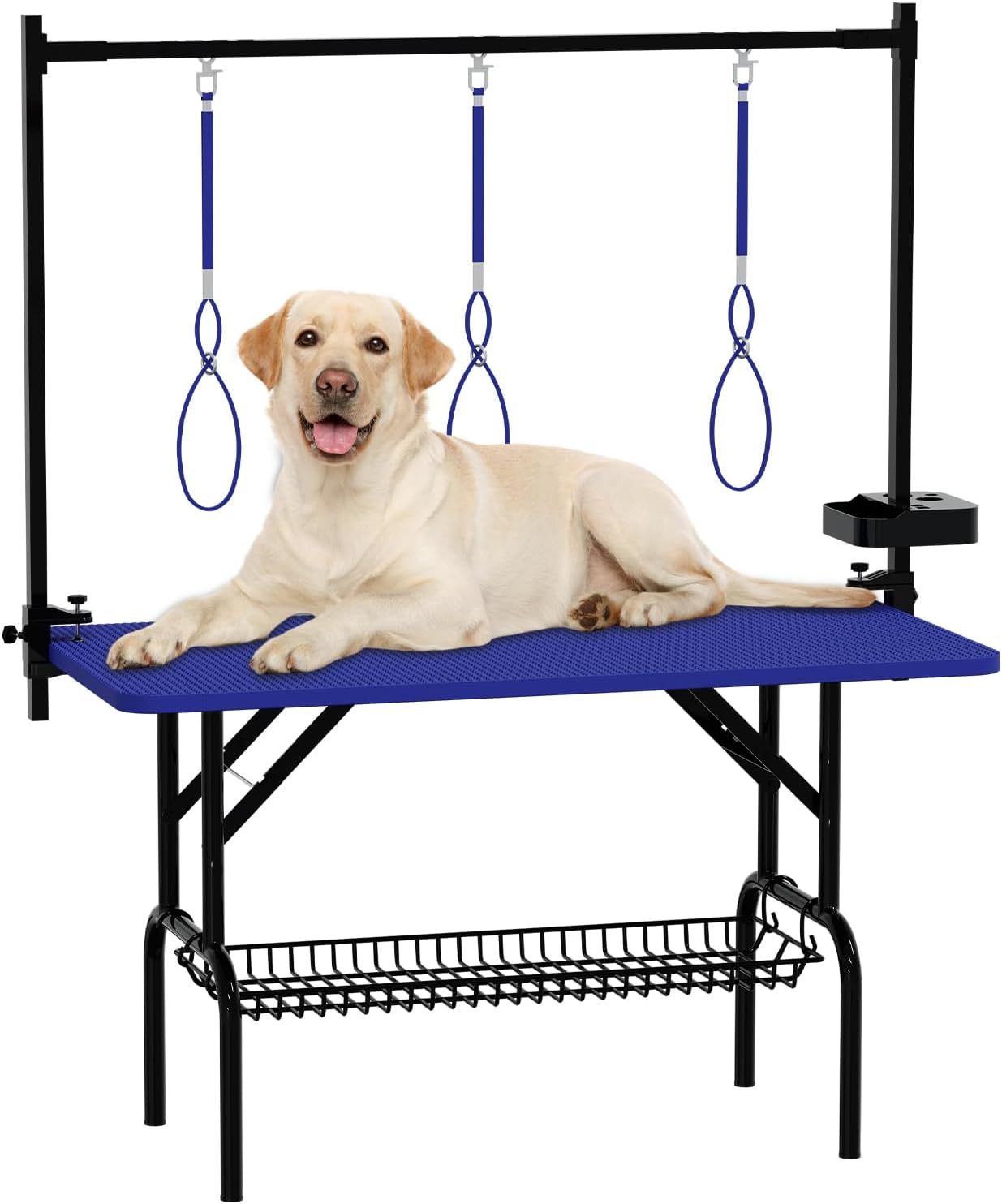 47''Large Dog Grooming Table, Foldable Pet Station at Home, Dog Grooming Table,Adjustable Cat Drying Desktop with Arms, Nooses, Mesh Tray (47Inch Pet Grooming Table Blue) - SolidRoot Buy Furniture USA