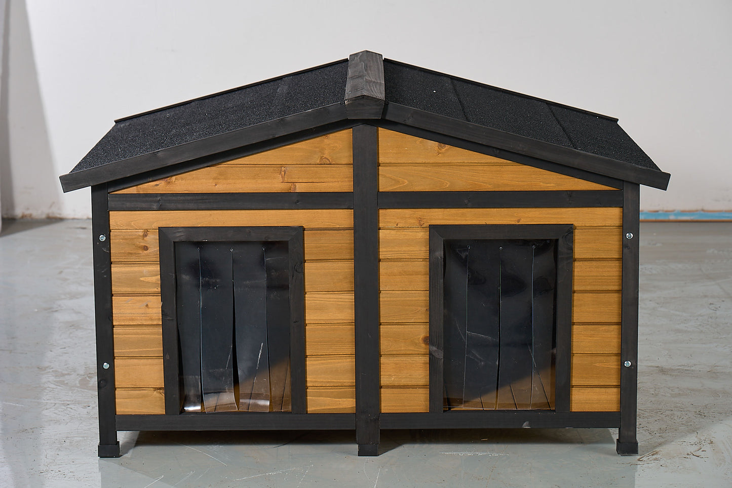 Large Outdoor Wooden Dog House with Dual Doors, Waterproof Asphalt Roof & Lift-Up Top, Fir Wood Dog Shelter for Medium to Large Dogs (Black & Natural Finish) SolidRoot Buy Furniture USA