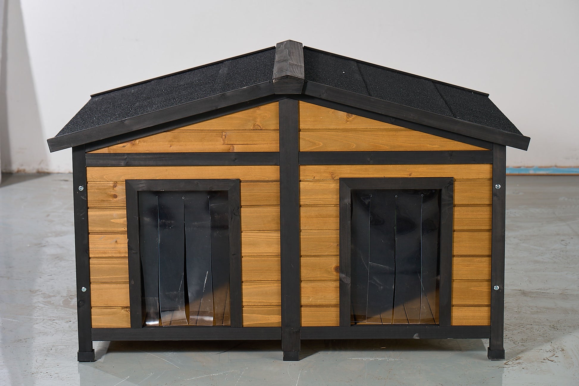 Large Outdoor Wooden Dog House with Dual Doors, Waterproof Asphalt Roof & Lift-Up Top, Fir Wood Dog Shelter for Medium to Large Dogs (Black & Natural Finish) SolidRoot Buy Furniture USA