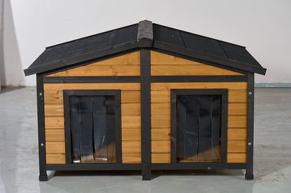 Large Outdoor Wooden Dog House with Dual Doors, Waterproof Asphalt Roof & Lift-Up Top, Fir Wood Dog Shelter for Medium to Large Dogs (Black & Natural Finish) SolidRoot Buy Furniture USA