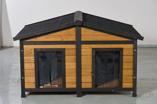 Large Outdoor Wooden Dog House with Dual Doors, Waterproof Asphalt Roof & Lift-Up Top, Fir Wood Dog Shelter for Medium to Large Dogs (Black & Natural Finish) SolidRoot Buy Furniture USA