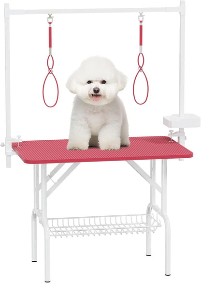 36''Large Dog Grooming Table, Foldable Pet Station at Home, Dog Grooming Table,Adjustable Cat Drying Desktop with Arms, Nooses, Mesh Tray (36Inch Pet Grooming Table Pink) - SolidRoot Buy Furniture USA