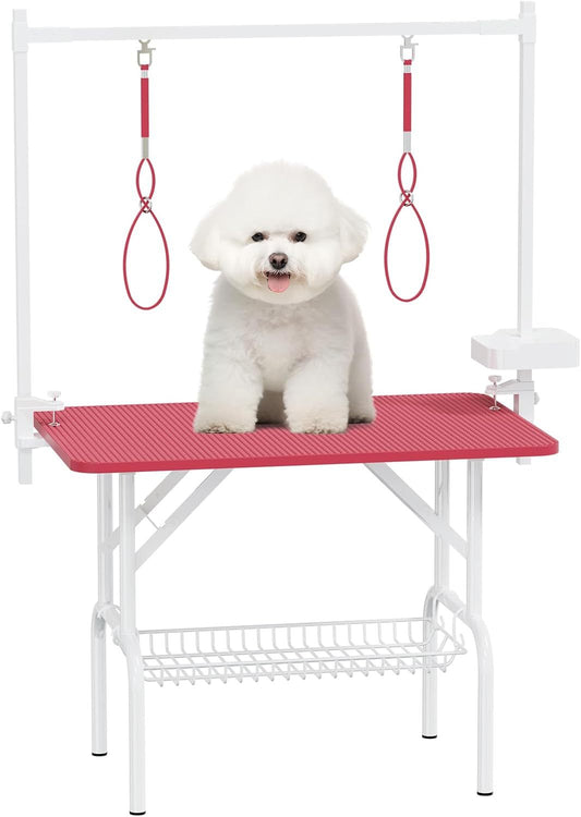 36''Large Dog Grooming Table, Foldable Pet Station at Home, Dog Grooming Table,Adjustable Cat Drying Desktop with Arms, Nooses, Mesh Tray (36Inch Pet Grooming Table Pink) - SolidRoot Buy Furniture USA