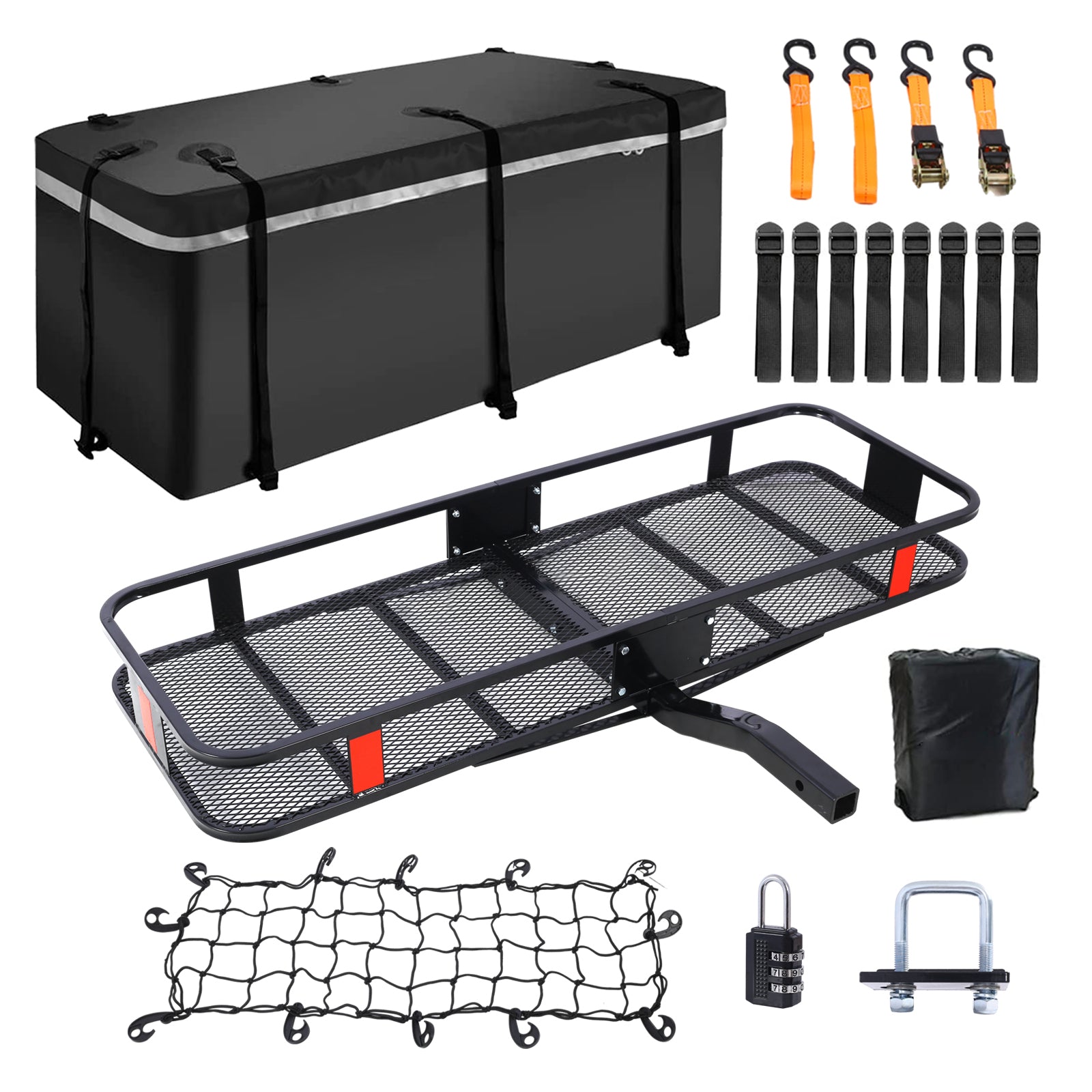 Hitch Mount Cargo Carrier Basket 60' X 21' X 6'+Waterproof Cargo Bag 13 Cubic Feet(56' 20' 20'),Hauling Weight Capacity of 500 Lbs and A Folding Arm.with Hitch Stabilizer,Net and Straps SolidRoot Buy Furniture USA