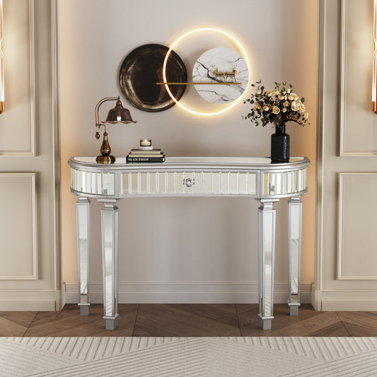 47' Half-Moon Mirrored Console Table with Fluted Glass & Crystal Knob Drawer - Silver Entryway Vanity Desk for Bedroom/Dressing Room(Grey+Sliver) SolidRoot Buy Furniture USA