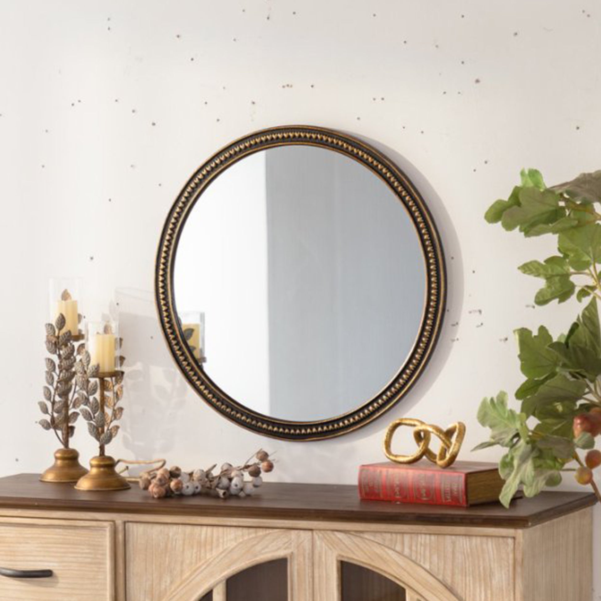 Round Decorative Wall Mirror, Vintage Gold Beaded Frame, for Living Room/Bedroom/Bathroom Home Decor - SolidRoot Buy Furniture USA