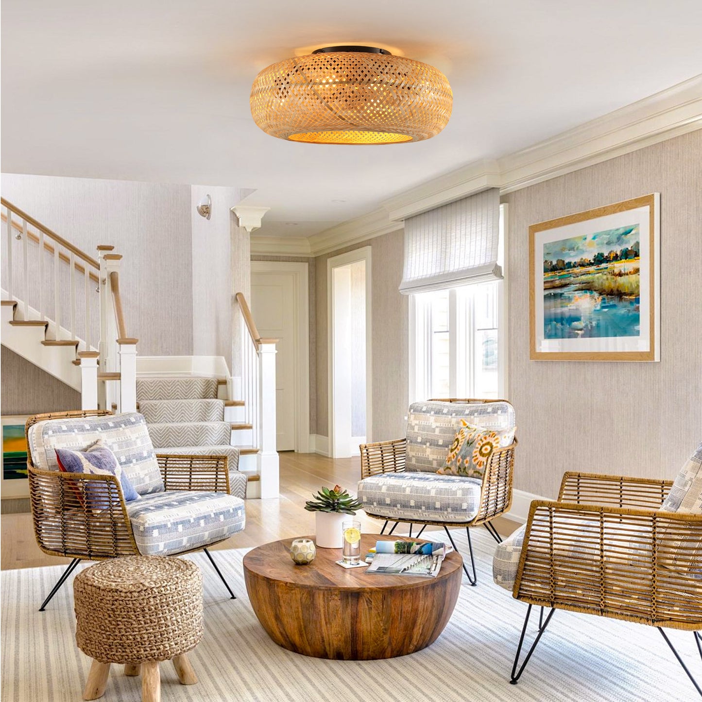 19' Rattan Ceiling Fan with 4 Bulbs, Dimmable, Remote Control,7 Blades, Reversible DC Motor SolidRoot Buy Furniture USA