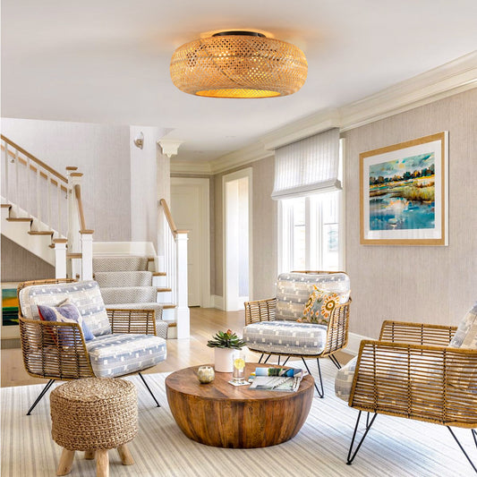 19' Rattan Ceiling Fan with 4 Bulbs, Dimmable, Remote Control,7 Blades, Reversible DC Motor SolidRoot Buy Furniture USA