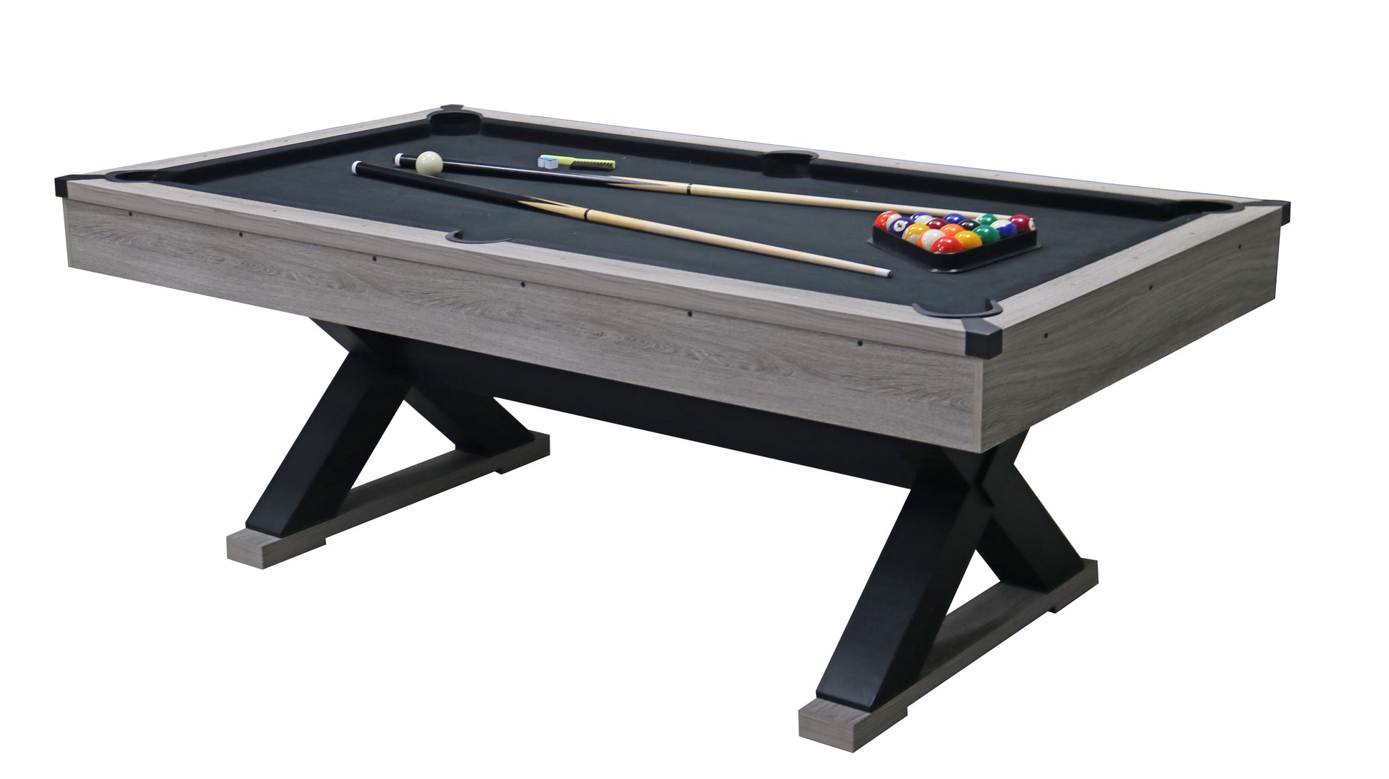 84' Pool Table with Billiard Balls, Cues, Pool Cue Chalk, Cleaning Brush, X-Legs, Black Cloth, Rustic Grey,84.1'L x 46.5'W x 32'H - SolidRoot Buy Furniture USA