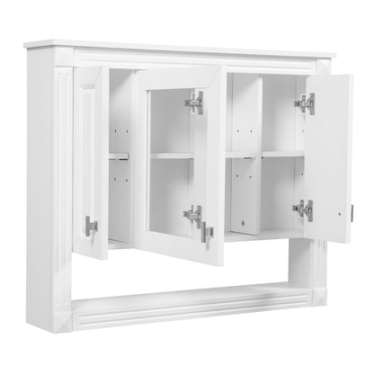 Modern White Wall-Mounted Bathroom Cabinet with Mirror and Open Shelf, MDF & Rubber Wood, 35 Inch SolidRoot Buy Furniture USA