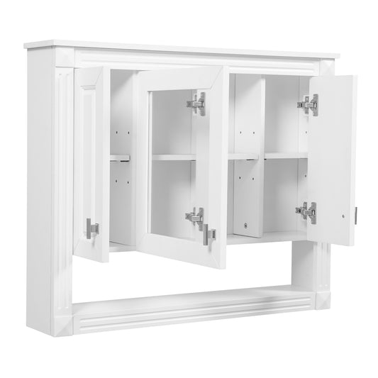Modern White Wall-Mounted Bathroom Cabinet with Mirror and Open Shelf, MDF & Rubber Wood, 35 Inch SolidRoot Buy Furniture USA