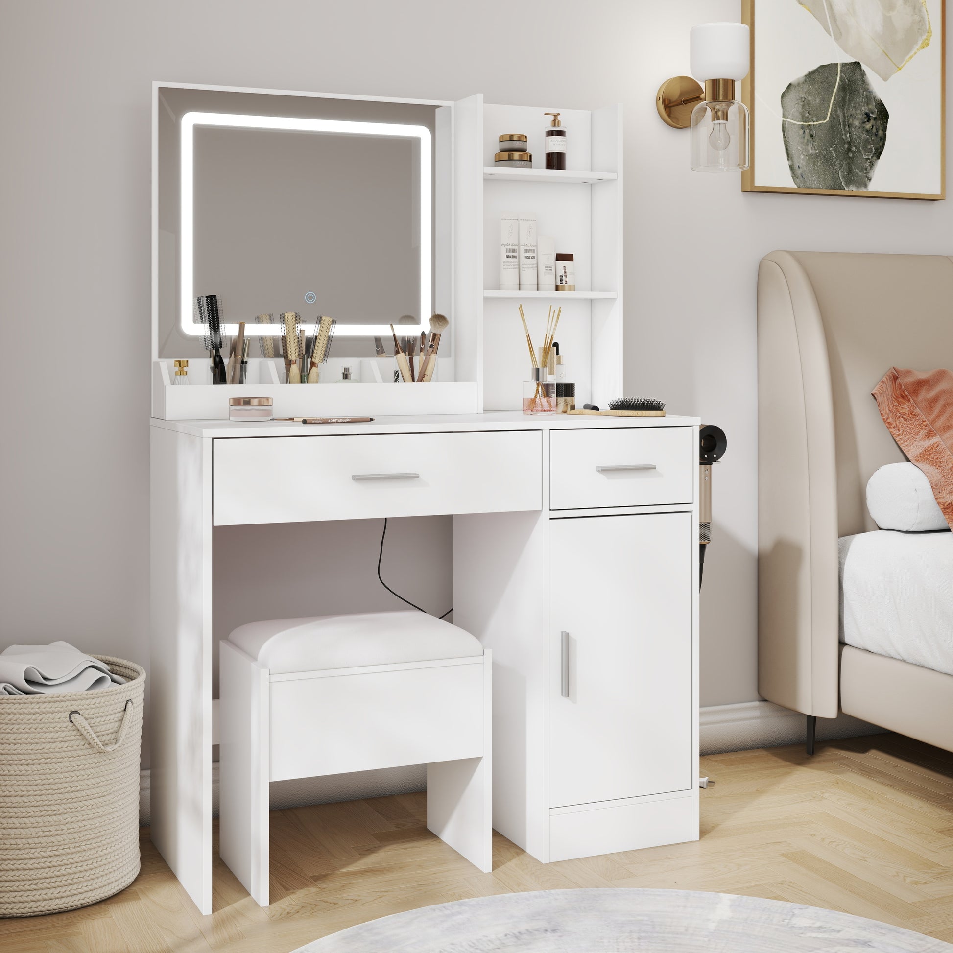 Lavin Makeup Vanity Set, Vanity Desk with Stool, LED Light Mirror and Charging Station, White SolidRoot Buy Furniture USA