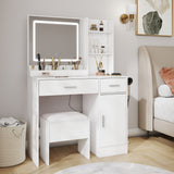 Lavin Makeup Vanity Set, Vanity Desk with Stool, LED Light Mirror and Charging Station, White SolidRoot Buy Furniture USA