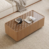 46.8' Mid-Century Modern Glass Top Coffee Table,Rectangular Center Table with Hidden Storage Drawers for Living Room,Contemporary Storage Coffee Table with Stable Base for Apartment Home(Light Walnut) SolidRoot Buy Furniture USA
