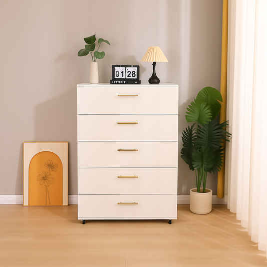 White 5-Drawer Dresser with handles – Modern Storage Cabinet SolidRoot Buy Furniture USA