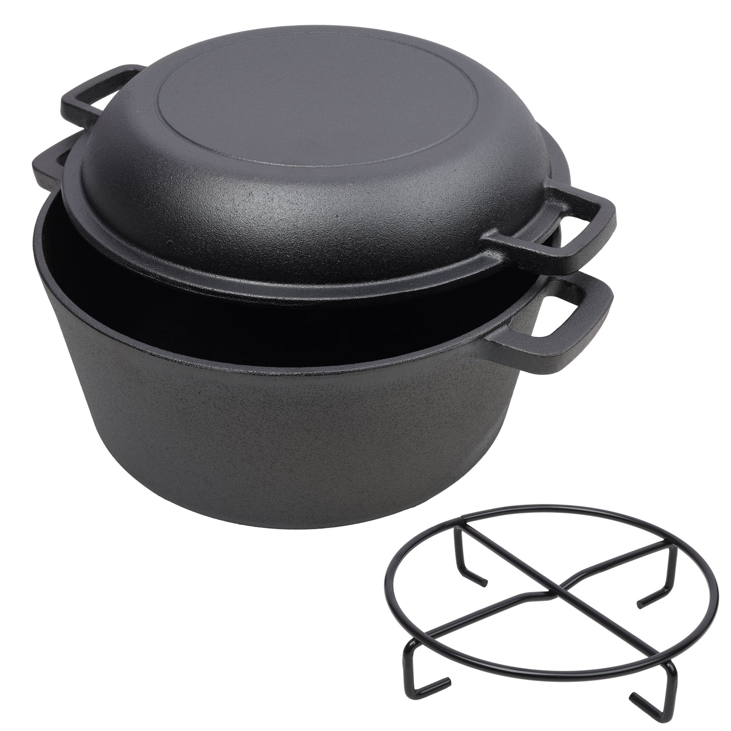 2-in-1 Pre-Seasoned Cast Iron Dutch Oven with Dual Handles, Black, Iron, 5 Quart SolidRoot Buy Furniture USA