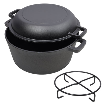 2-in-1 Pre-Seasoned Cast Iron Dutch Oven with Dual Handles, Black, Iron, 5 Quart SolidRoot Buy Furniture USA