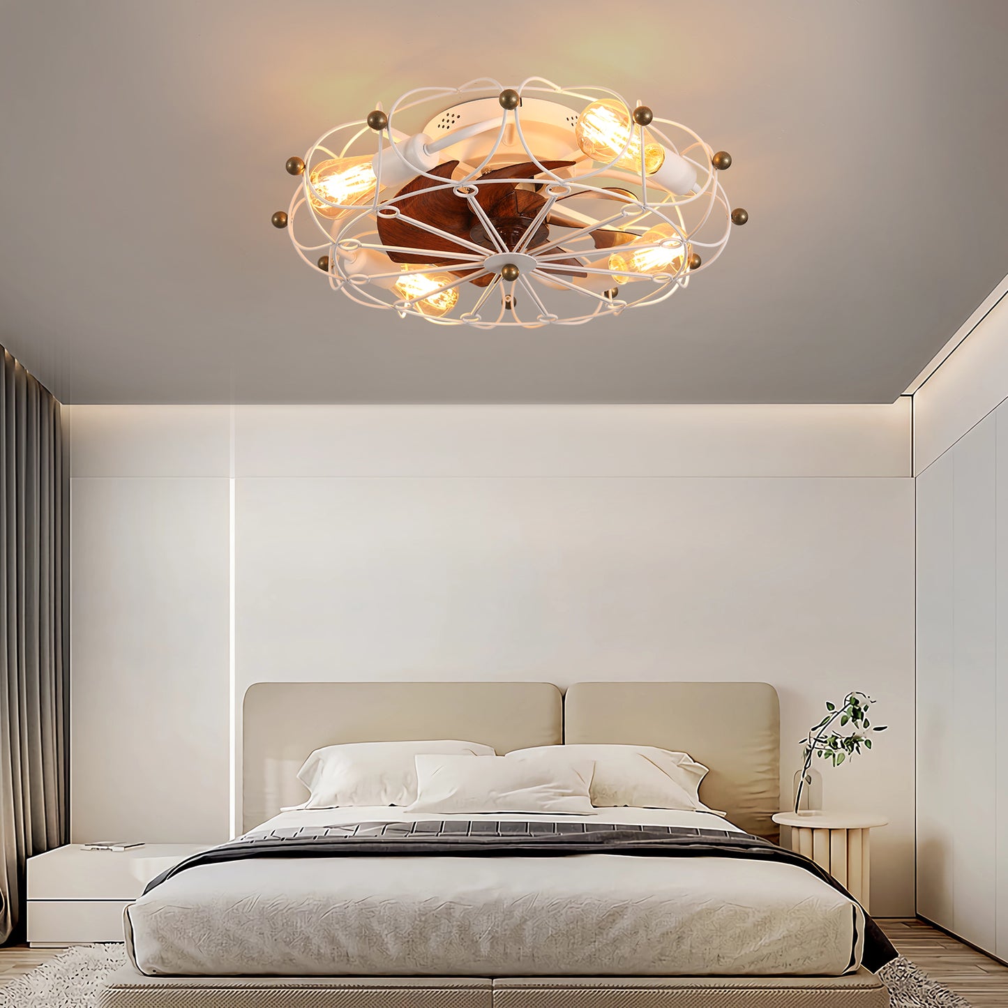 Low Profile Caged Ceiling Fan with Lights Remote Control, Embedded modern industrial ceiling fan SolidRoot Buy Furniture USA