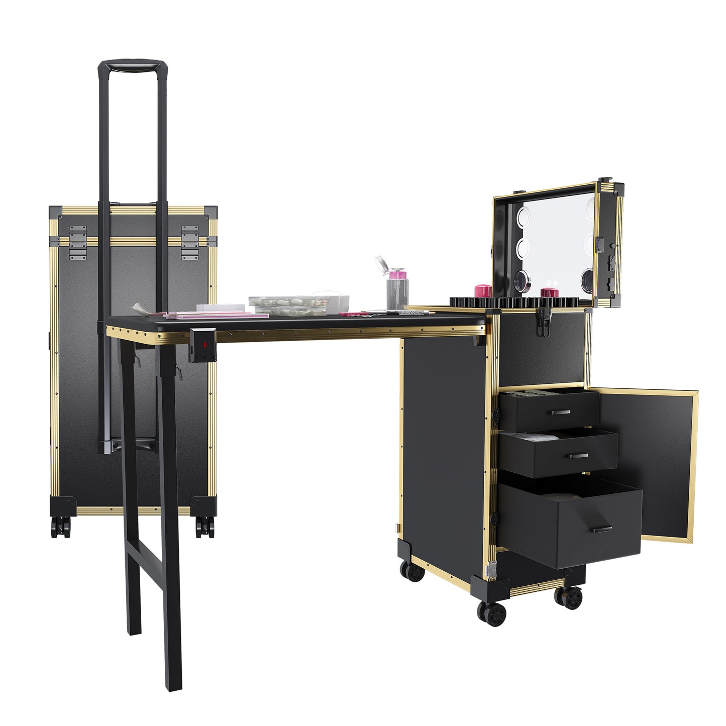 Portable Nail Art Table with LED Mirror, Bluetooth, Lockable Drawers, Telescopic Pole - Black Gold, Plastic, 15.35x12.60x27.56 inches SolidRoot Buy Furniture USA