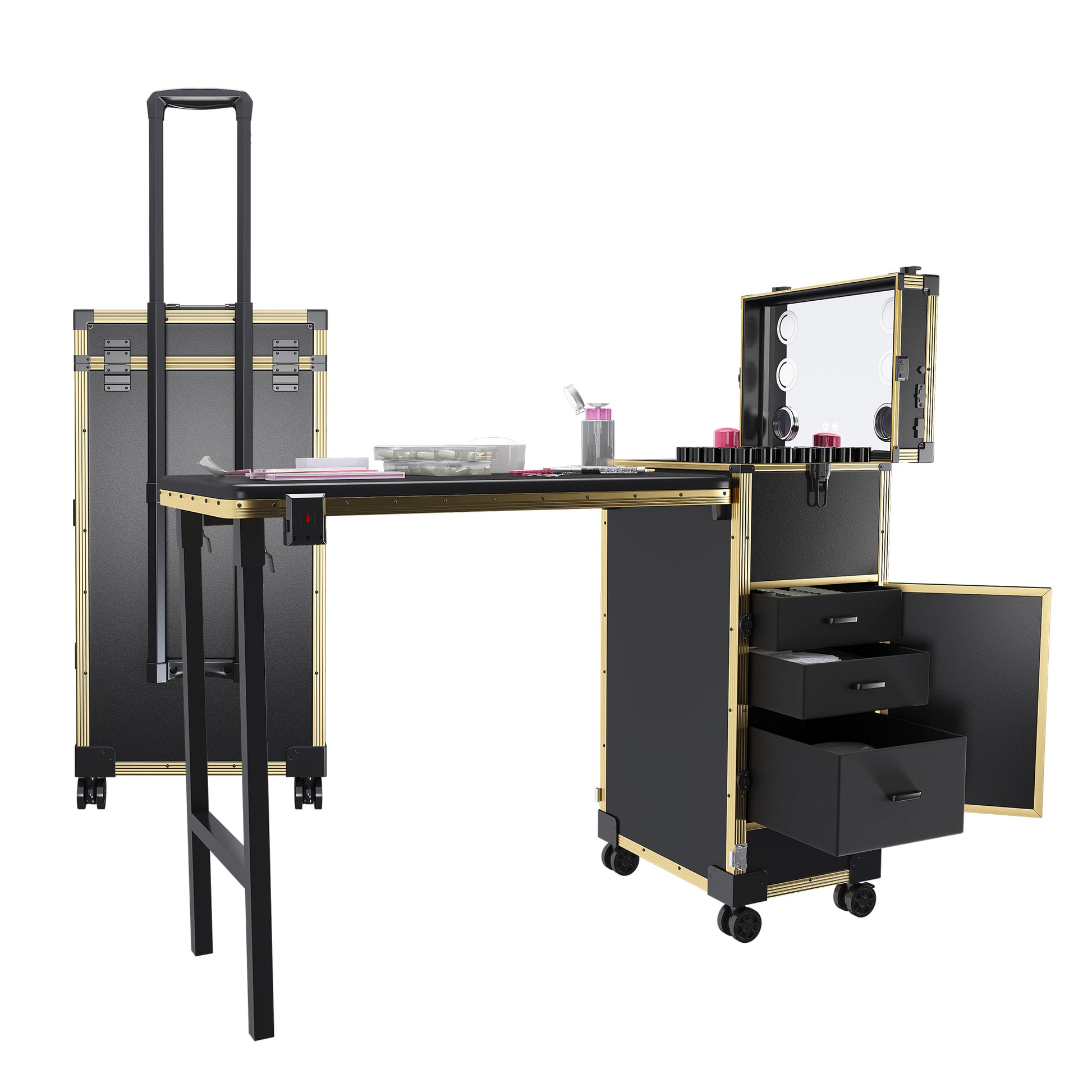 Portable Nail Art Table with LED Mirror, Bluetooth, Lockable Drawers, Telescopic Pole - Black Gold, Plastic, 15.35x12.60x27.56 inches SolidRoot Buy Furniture USA