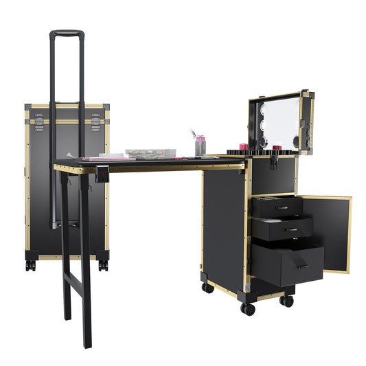 Portable Nail Art Table with LED Mirror, Bluetooth, Lockable Drawers, Telescopic Pole - Black Gold, Plastic, 15.35x12.60x27.56 inches SolidRoot Buy Furniture USA