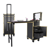 Portable Nail Art Table with LED Mirror, Bluetooth, Lockable Drawers, Telescopic Pole - Black Gold, Plastic, 15.35x12.60x27.56 inches SolidRoot Buy Furniture USA