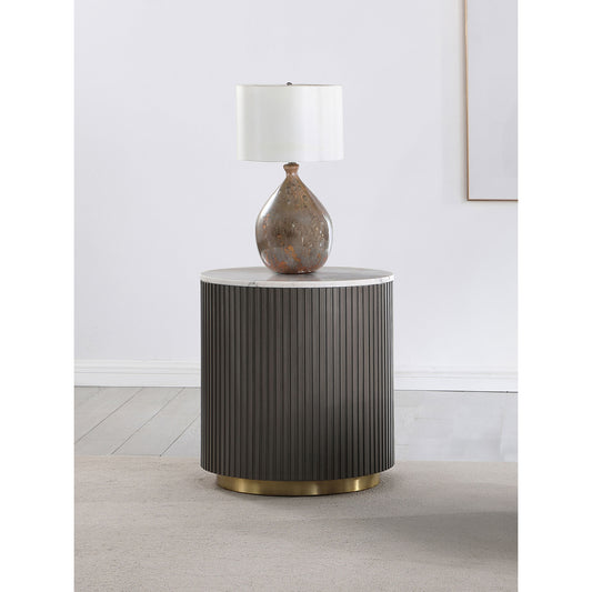 Sennewald White and Charcoal Round Marble Top Side End Table SolidRoot Buy Furniture USA
