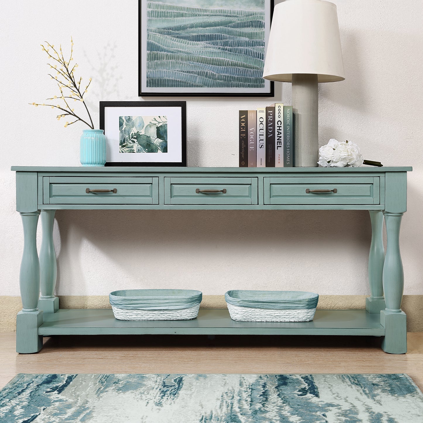 63inch Long Wood Console Table with 3 Drawers and 1 Bottom Shelf for Entryway Hallway Easy Assembly Extra-thick Sofa Table ( Retro Blue) SolidRoot Buy Furniture USA
