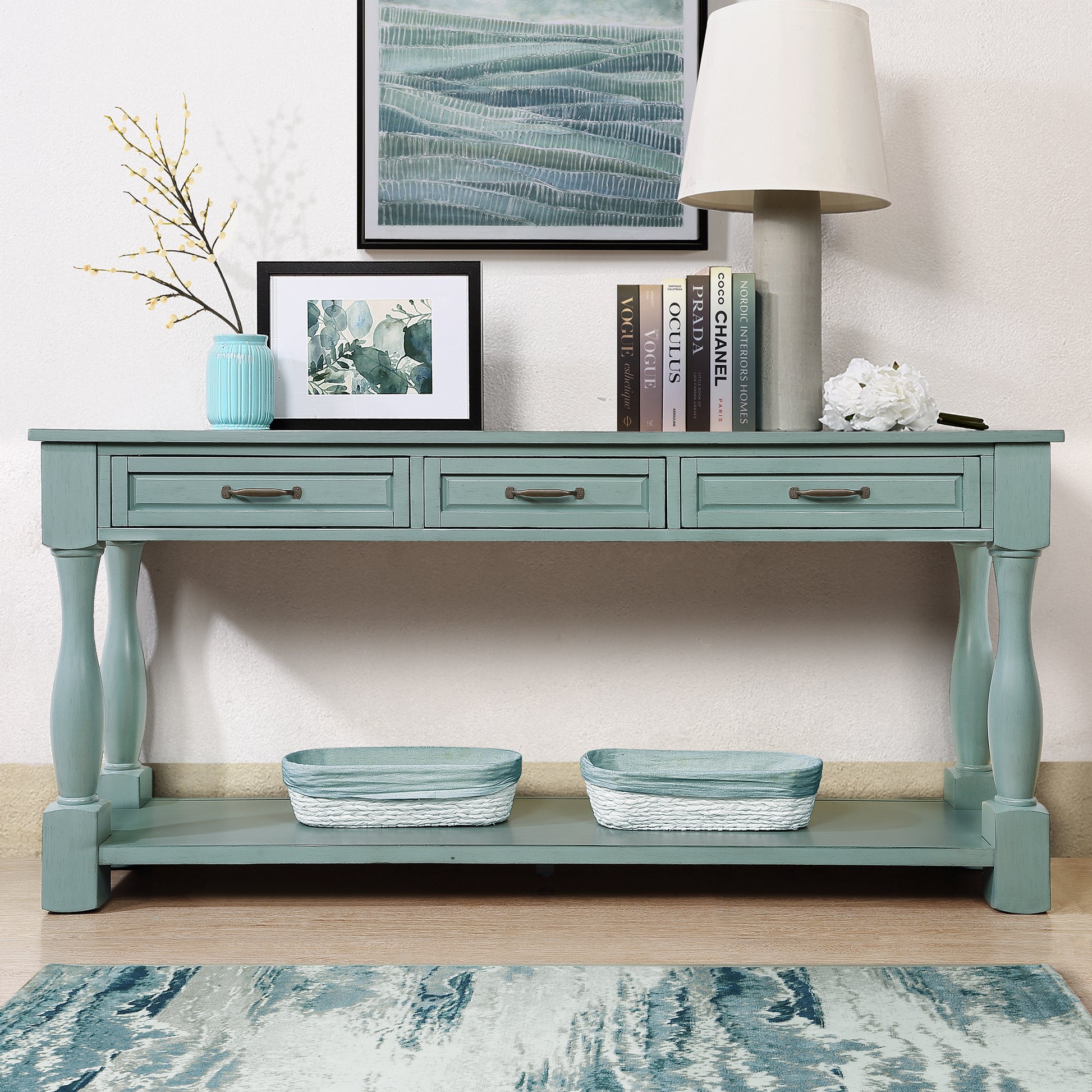 63inch Long Wood Console Table with 3 Drawers and 1 Bottom Shelf for Entryway Hallway Easy Assembly Extra-thick Sofa Table ( Retro Blue) SolidRoot Buy Furniture USA