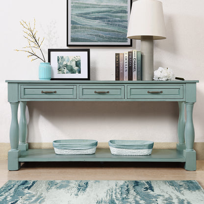 63inch Long Wood Console Table with 3 Drawers and 1 Bottom Shelf for Entryway Hallway Easy Assembly Extra-thick Sofa Table ( Retro Blue) SolidRoot Buy Furniture USA