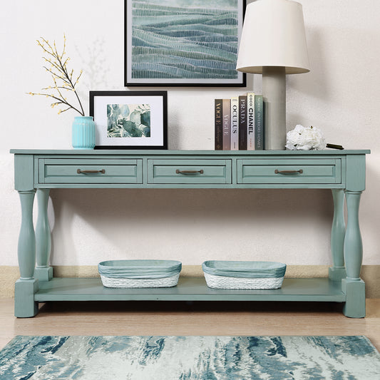 63inch Long Wood Console Table with 3 Drawers and 1 Bottom Shelf for Entryway Hallway Easy Assembly Extra-thick Sofa Table ( Retro Blue) SolidRoot Buy Furniture USA