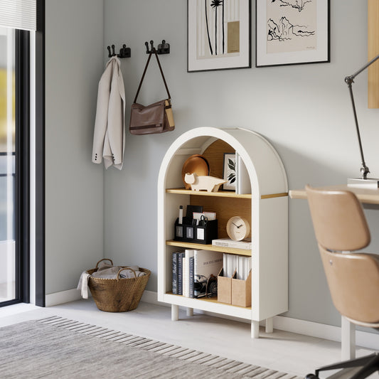 Arched Small Bookcase,Arched Storage Cabinet,Wooden Modern Arched Top Bookshelf with 3 Shelves,White with Woodgrain Shelves, 3-Tier Storage Shelf for Living Room, Bedroom, Entryway SolidRoot Buy Furniture USA