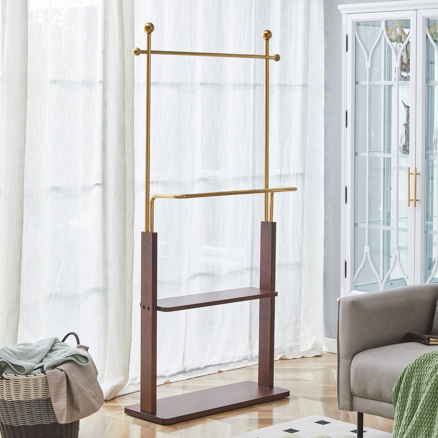 Golden Stainless Steel Hanger, Walnut Colored Solid Wood Double-Layer Coat Rack, 68.9 Inches High Design With Solid Wood Partition (One Cabinet For Multiple Uses)W1151P276823 SolidRoot Buy Furniture USA