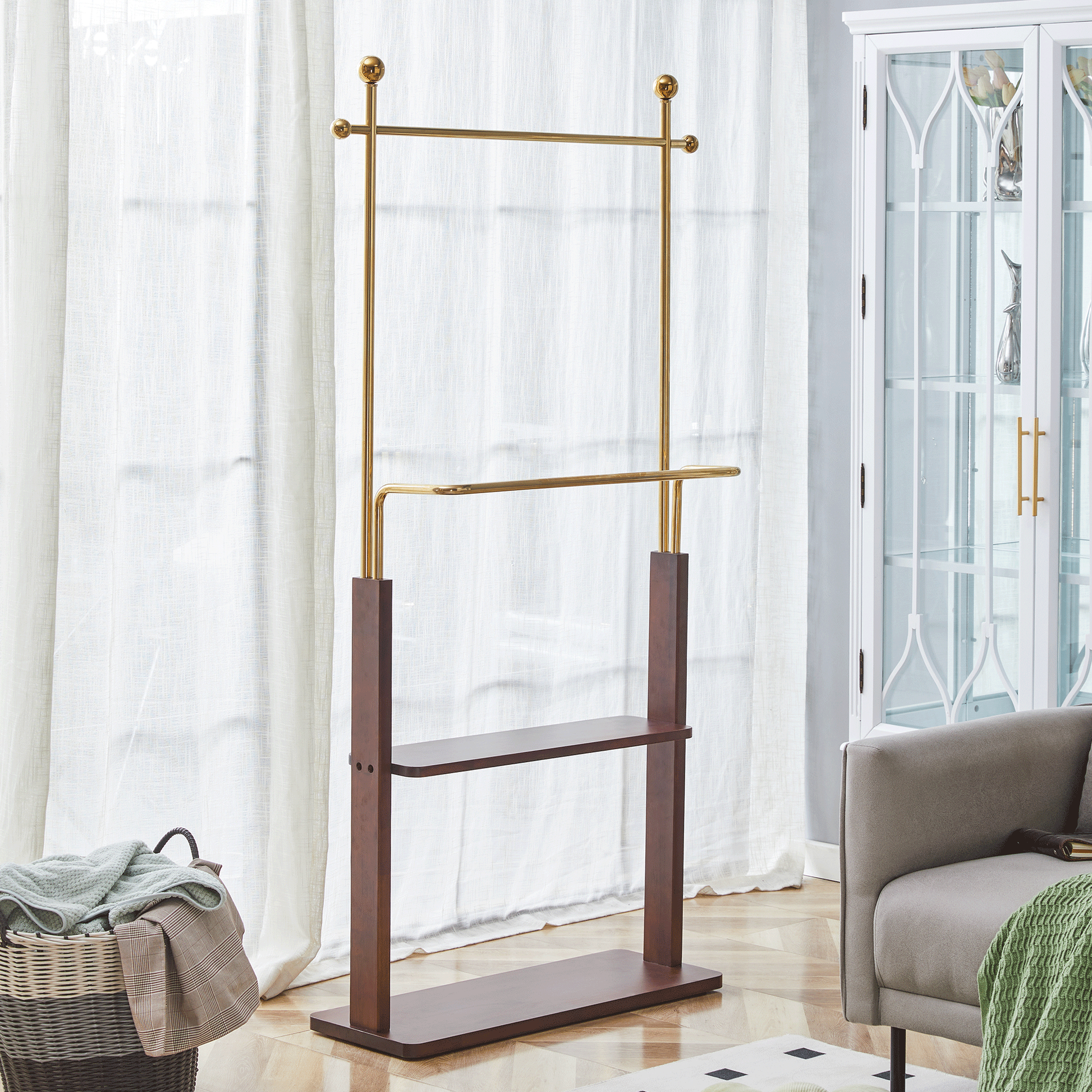 Golden Stainless Steel Hanger, Walnut Colored Solid Wood Double-Layer Coat Rack, 68.9 Inches High Design With Solid Wood Partition (One Cabinet For Multiple Uses)W1151P276823 SolidRoot Buy Furniture USA