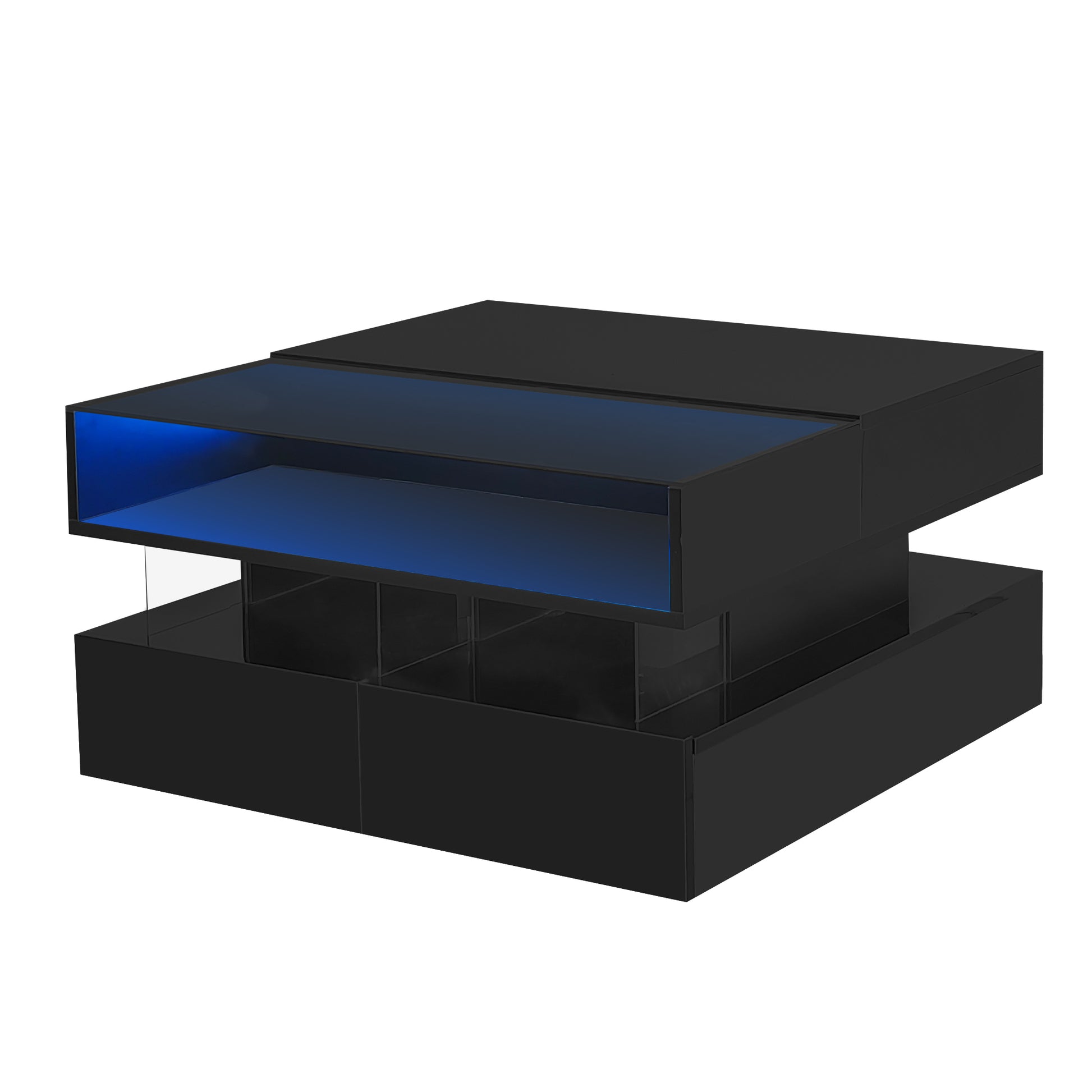 Lift-Top Coffee Table with 2 Drawers, Modern Square Coffee Table with Glass Top and High-Gloss Finish, Hidden Space and LED Lights for Living Room SolidRoot Buy Furniture USA
