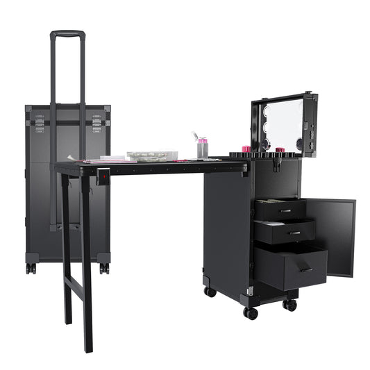 Portable Folding Nail Art Table with LED Mirror, Bluetooth, Lockable Drawers, Telescopic Pole - Black Plastic Manicure Station SolidRoot Buy Furniture USA