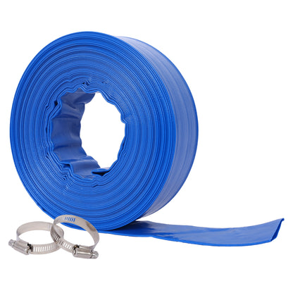 2'x100FT  Pool Backwash Hose, Blue Heavy Duty Reinforced PVC Lay Flat Water Discharge Hose for Swimming Pool Filter Pump,with 2 Clamp SolidRoot Buy Furniture USA