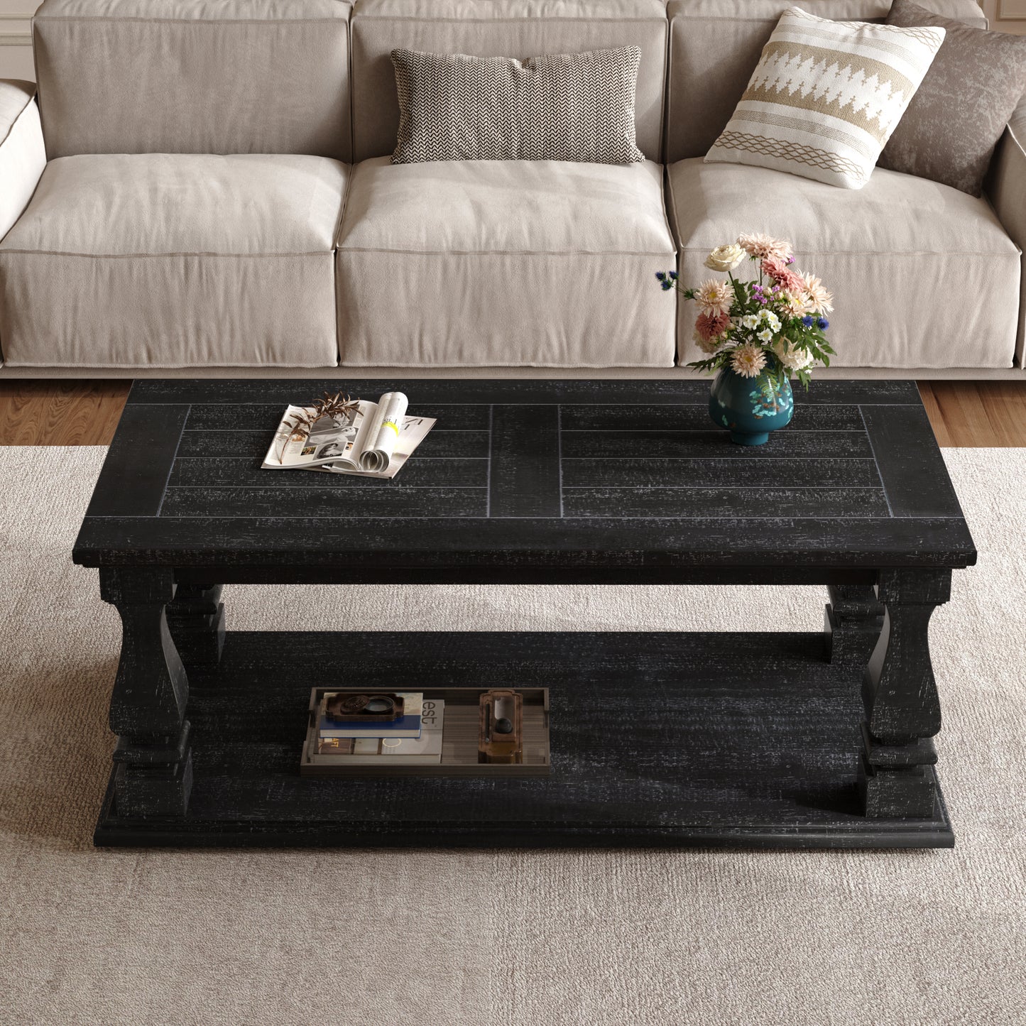 Weathered Black Farmhouse Coffee Table, Crafted with Heavy Planked Top & Square Baluster Legs,  47.24' Long Rustic Living Room 
Table with Storage Shelf - SolidRoot Buy Furniture USA