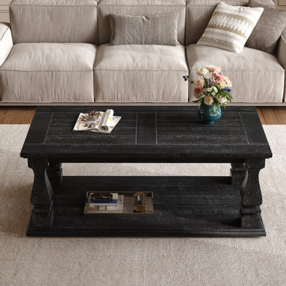 Weathered Black Farmhouse Coffee Table, Crafted with Heavy Planked Top & Square Baluster Legs,  47.24' Long Rustic Living Room 
Table with Storage Shelf - SolidRoot Buy Furniture USA