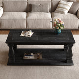 Weathered Black Farmhouse Coffee Table, Crafted with Heavy Planked Top & Square Baluster Legs,  47.24' Long Rustic Living Room 
Table with Storage Shelf - SolidRoot Buy Furniture USA