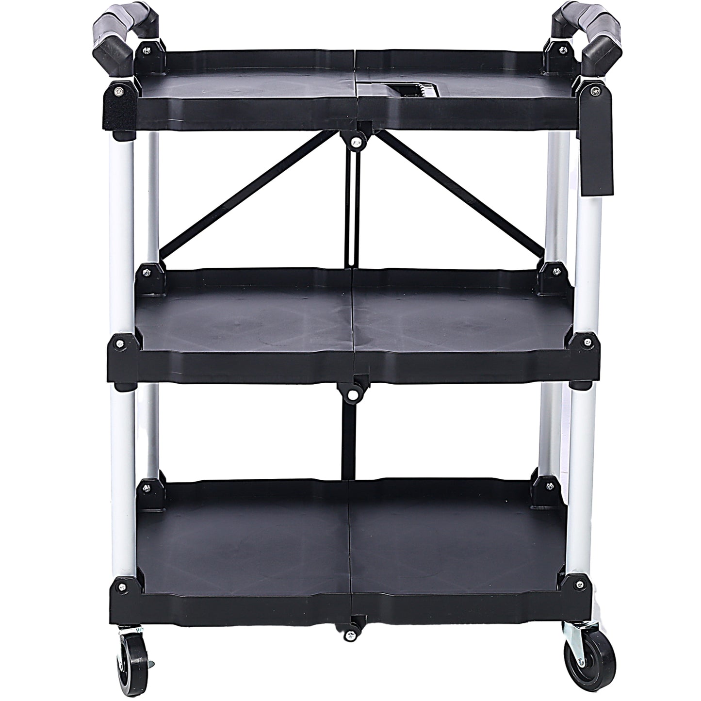3 Layers Folding Collapsible Service Cart Pack-N-Roll Folding Collapsible Service Cart, Black, 50 Lb. Load Capacity per Shelf SolidRoot Buy Furniture USA