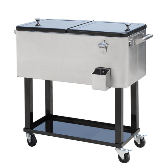 Outsunny 80 QT Rolling Cooling Bins Ice Chest on Wheels Outdoor Stand Up Drink Cooler Cart for Party, Silver - SolidRoot Buy Furniture USA