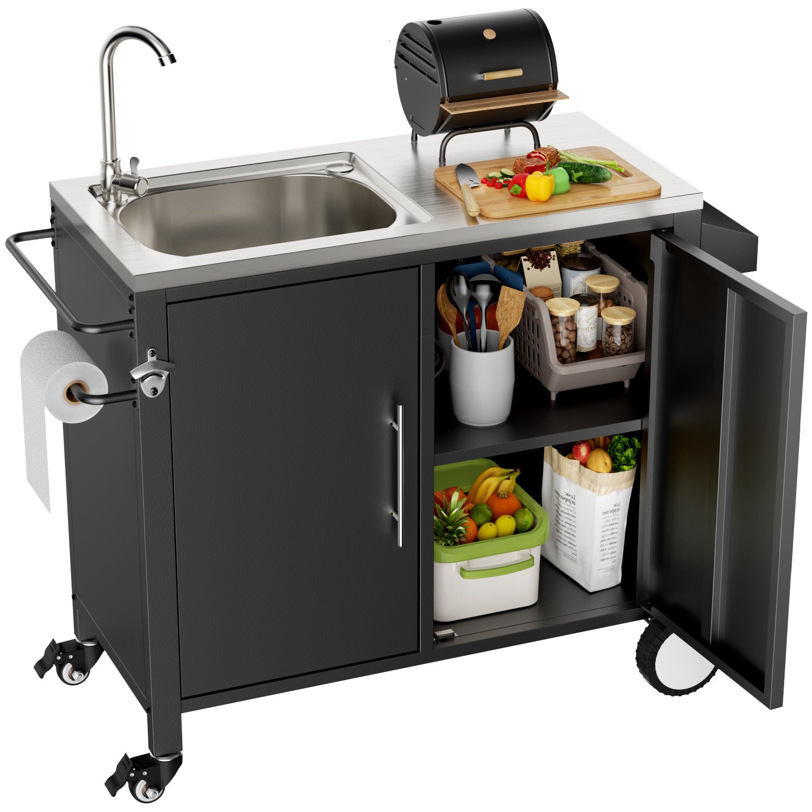 Outdoor Grill Table with Sink, Grill Cart with 304 Stainless Steel Sink and Cabinet, Outdoor Grill Cart,Outdoor Cart Sink Station with Wheels, L38' x W18' x H35' SolidRoot Buy Furniture USA