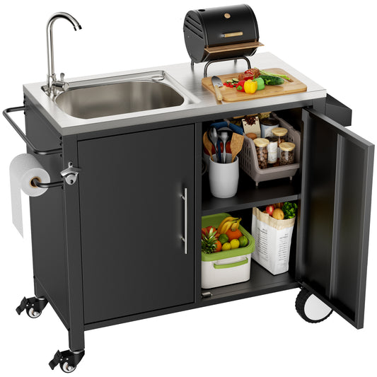 Outdoor Grill Table with Sink, Grill Cart with 304 Stainless Steel Sink and Cabinet, Outdoor Grill Cart,Outdoor Cart Sink Station with Wheels, L38' x W18' x H35' SolidRoot Buy Furniture USA