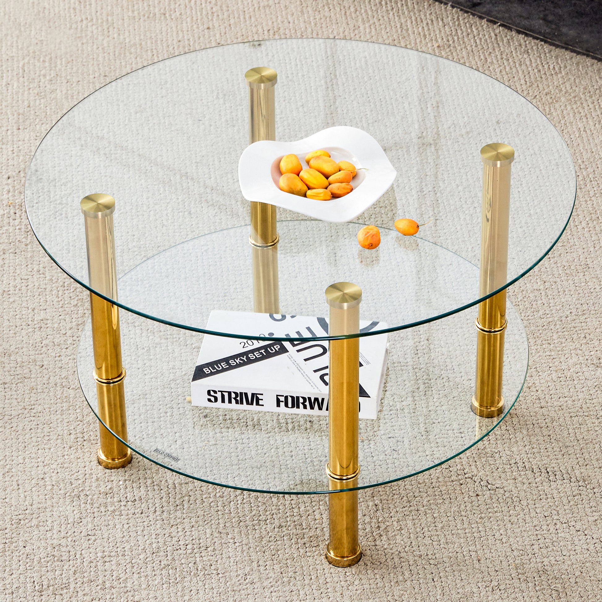Contemporary Minimalist Double Layer Tempered Glass Coffee Table - 27.5' Top and 23.6' Bottom.Reinforced Glass Tabletop,Stainless Steel Golden Plated Legs. SolidRoot Buy Furniture USA