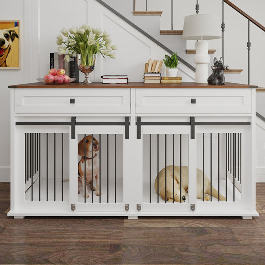 63'' Large Dog Crate Furniture for Double Dog, Wooden Dog Kennel with 2 Drawers,Divider and Sliding Door, Water Resistant Indoor Pets Furniture Style Double Dog Crates - SolidRoot Buy Furniture USA
