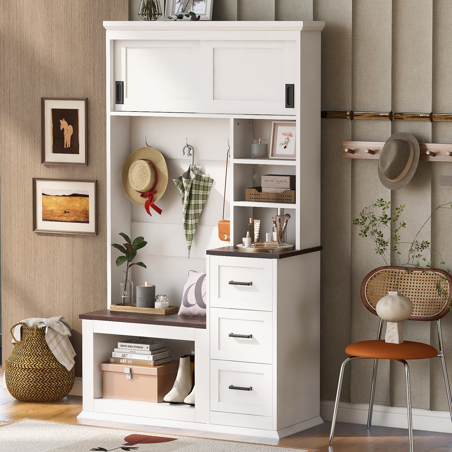 U-Can Modern Entryway Bench with Coat Rack, 3 Shelves and Drawers, 3 Sturdy Hooks, 40.2'' Wide Hall Tree with Storage Bench for Hallway, Entryway, Living Room SolidRoot Buy Furniture USA