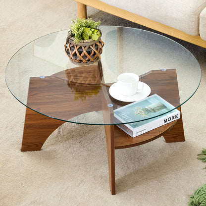 Round Tempered Glass Coffee Table - 31.5' Diameter, Multi-Functional Design.Fan-Shaped Pedestal Design.Walnut Grain MDF Legs.Suitable for dining rooms, living rooms, offices, and more.W1151P256004 SolidRoot Buy Furniture USA