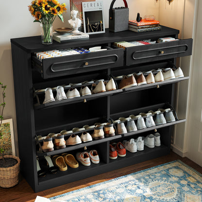 Wooden Shoe Cabinet with 4 Flip Drawers,Shoes Rack Cabinet with 2 Storage Drawers,Classified Storage and Farmhouse Style, Black SolidRoot Buy Furniture USA